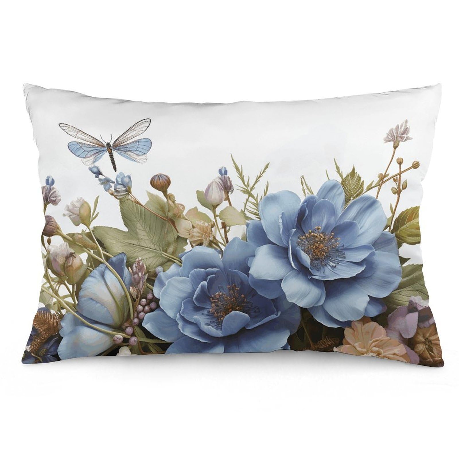 NONHAI 2 Pack Pillow Cases for Hair and Skin, Soft Breathable Pillow Case Covers with Hidden Zipper, Blue Flowers and Dragonfly Pillowcase 16 "x24 Pillow Covers for Sleeping Gift