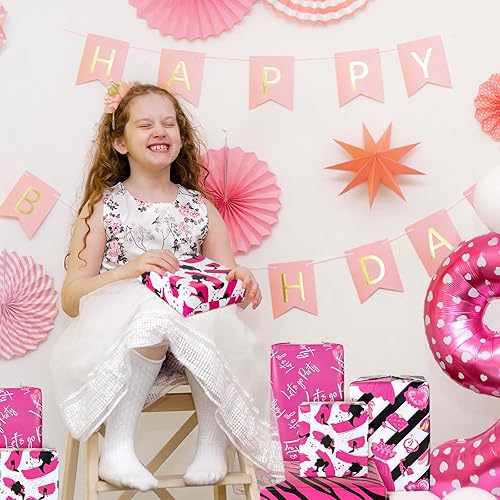 Miniatura 6 de Whaline 12 hojas de papel de regalo de princesa rosa para niñas, de 19.7 x 27.6 pulgadas, papel de regalo rosa intenso con corazones para niñas,