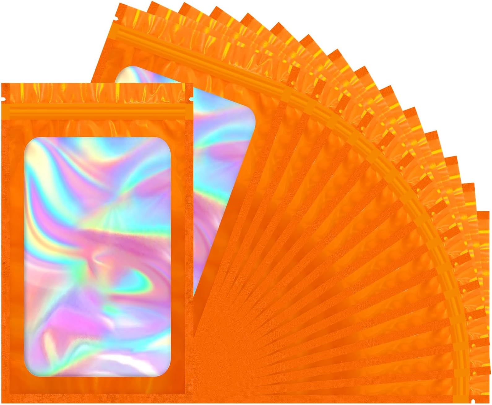 100 PCS Mylar Holographic Bags, Clear Resealable Bags, Scent Proof Bag, Bracelet Bag, Valentines Day Decorations Gift Baggies for Lipgloss, Eyelash, Jewelry Packaging | Orange, 2.4x3.9 Inch