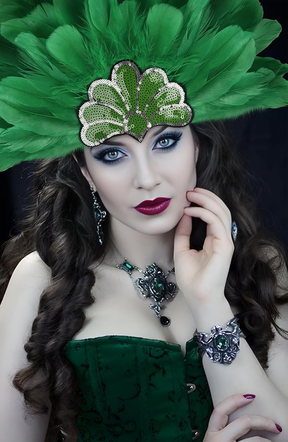 Feather Headdress Crown with Plumes, Silver Sequined Tiara Design, Showgirl Carnival Costume Headpiece - Image 2