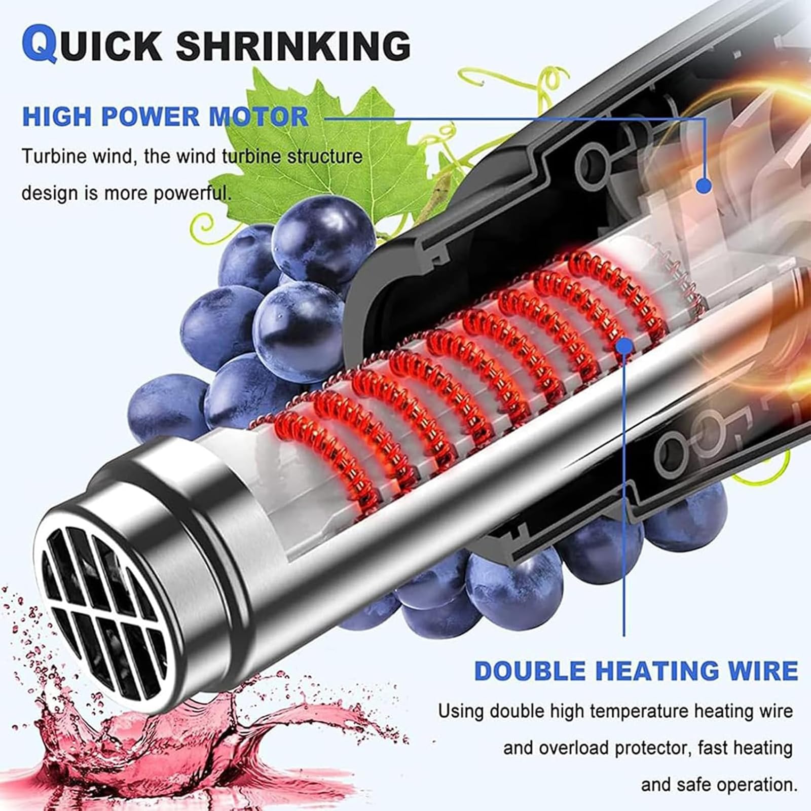 Pistolet termokurczliwy, ręczna maszyna do uszczelniania kapsułek PVC 1800 W z wyświetlaczem LCD, regulacja temperatury 60-600℃ do owijania wina