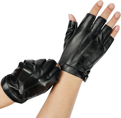 Miniatura 3 de Guantes de piel sintética sin dedos, guantes deportivos de medio dedo para deportes al aire libre, guantes punk de motociclista negros para mujeres