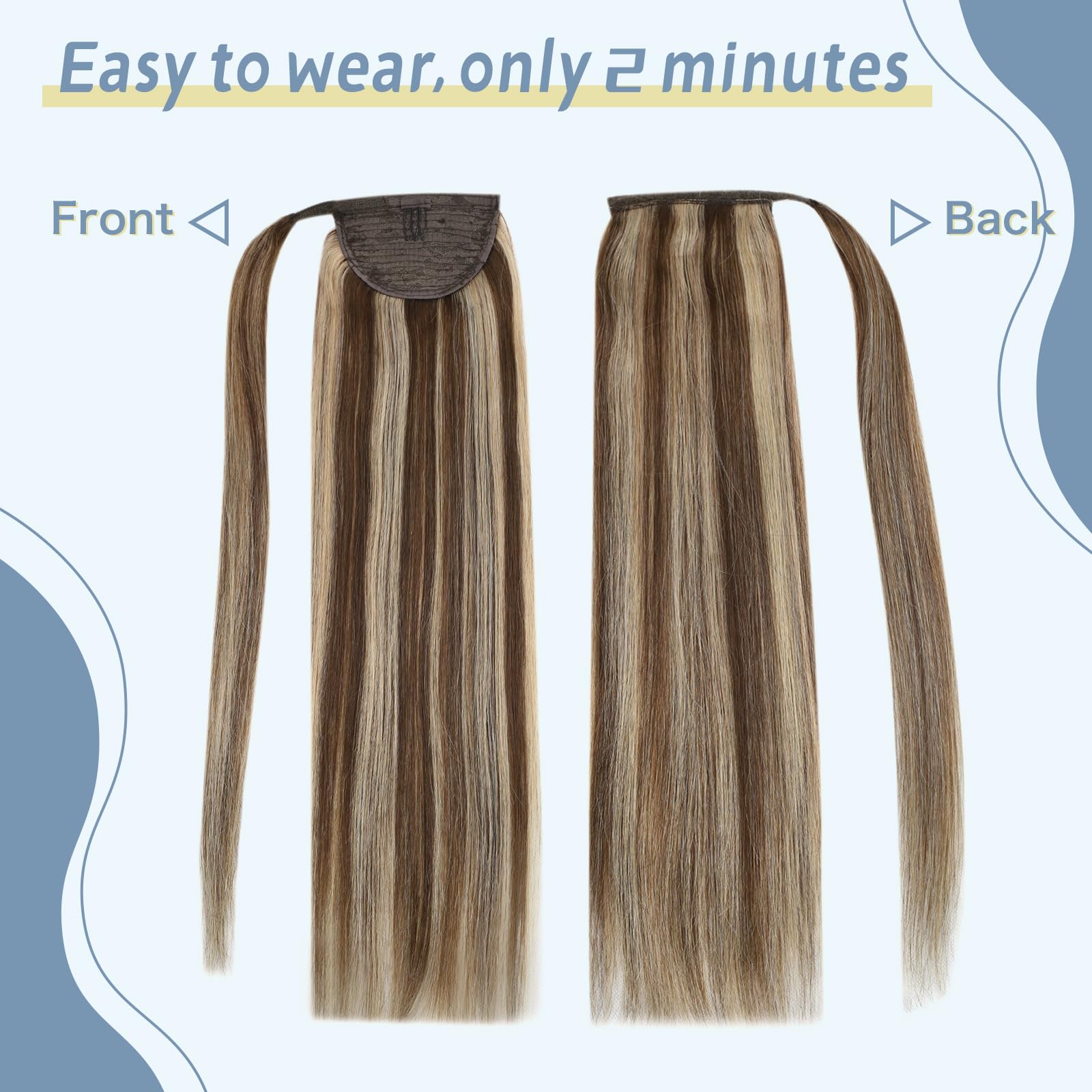 Fshine Ponytail Hair Extension Capelli Coda 50 cm 80 Grammo Capelli Veri Lisci Castano Medio Con Riflessi Biondo Clip in Coda Di Cavallo Capelli Umani Brasiliani 4P27