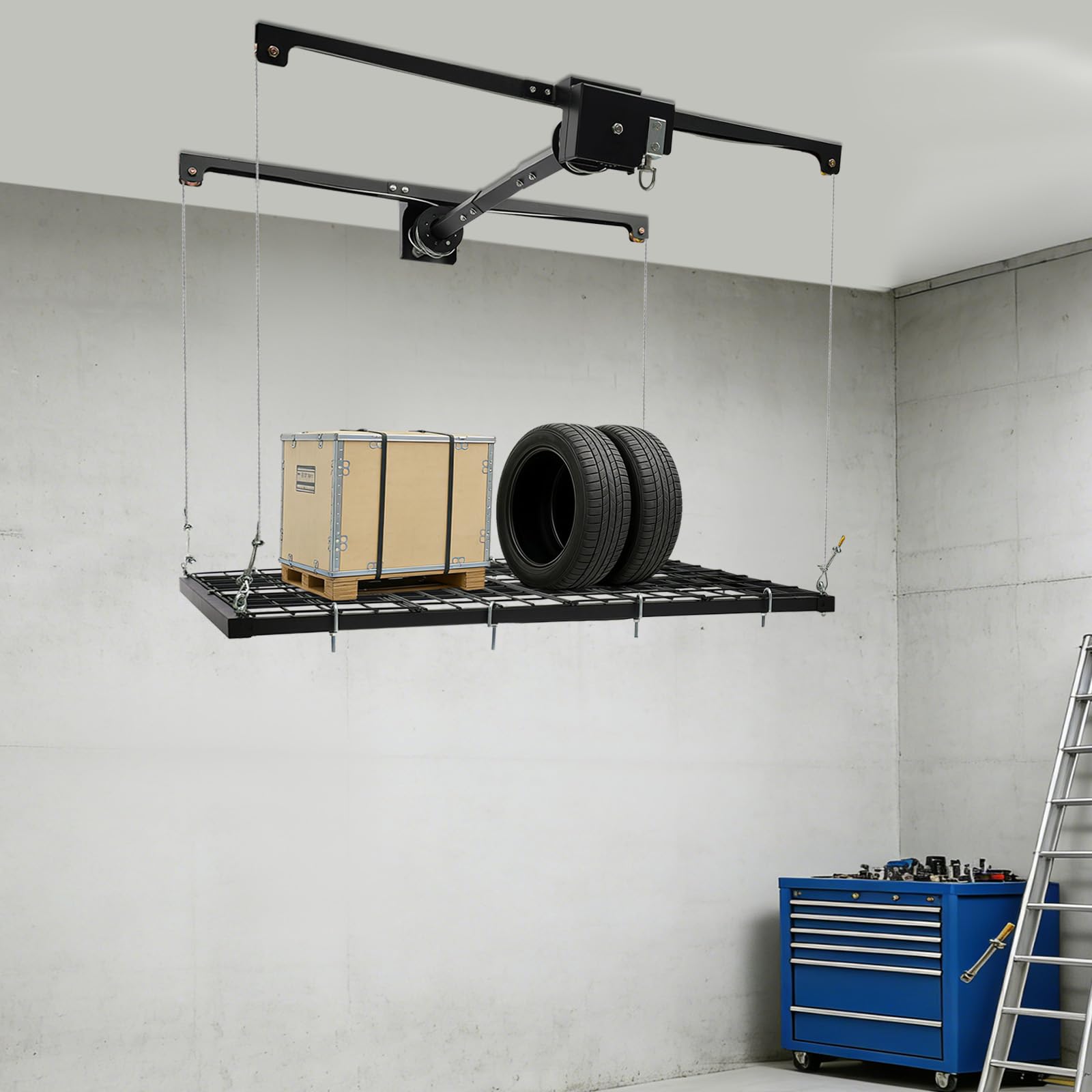 Ascensore per garage in acciaio al carbonio, regolabile con manovella, portata 136 kg, altezza di sollevamento: 200 cm, organizer salvaspazio per garage, facile installazione (A)