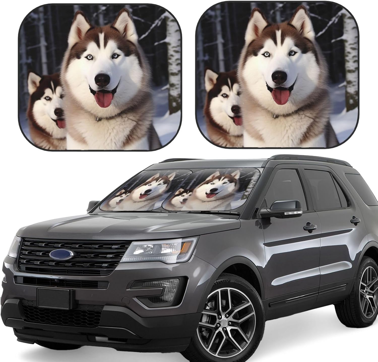 Huskies Print Windshield Sun Shade 2 Pieces Foldable Car
