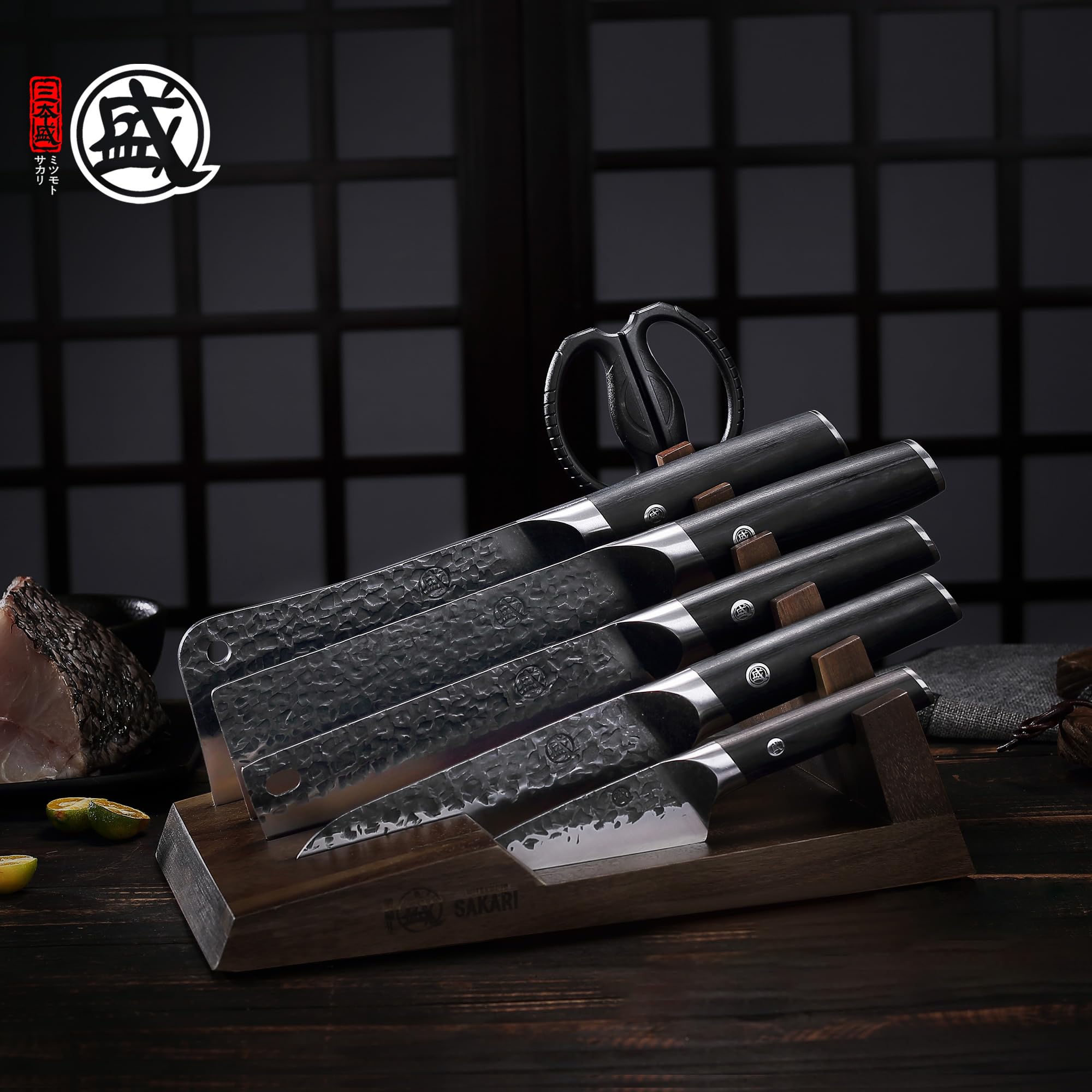 MITSUMOTO SAKARI 30 × 17 × 16 cm Flacher Messerhalter | Insgesamt 5 Schlitze, Japanischer Messerhalter aus Akazienholz, Küchenmesser Messerhalter aus Massivholz