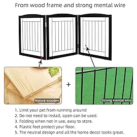 ZJSF Freestanding Foldable Dog Gate for House Extra Wide Wooden Black Indoor Puppy Gate Stairs Doorways Pet Gate Tall Dog Fence 3 Panels Fence