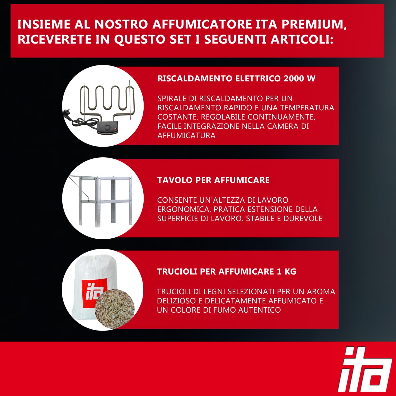 ITA Affumicatore Elettrico 7012 - Set Smoker con Riscaldamento, Tavolo - Armadio con Finestra e Camino - Acciaio Legato - Qualità UE, Diretto dal Produttore - 81 cm con 3 Ripiani