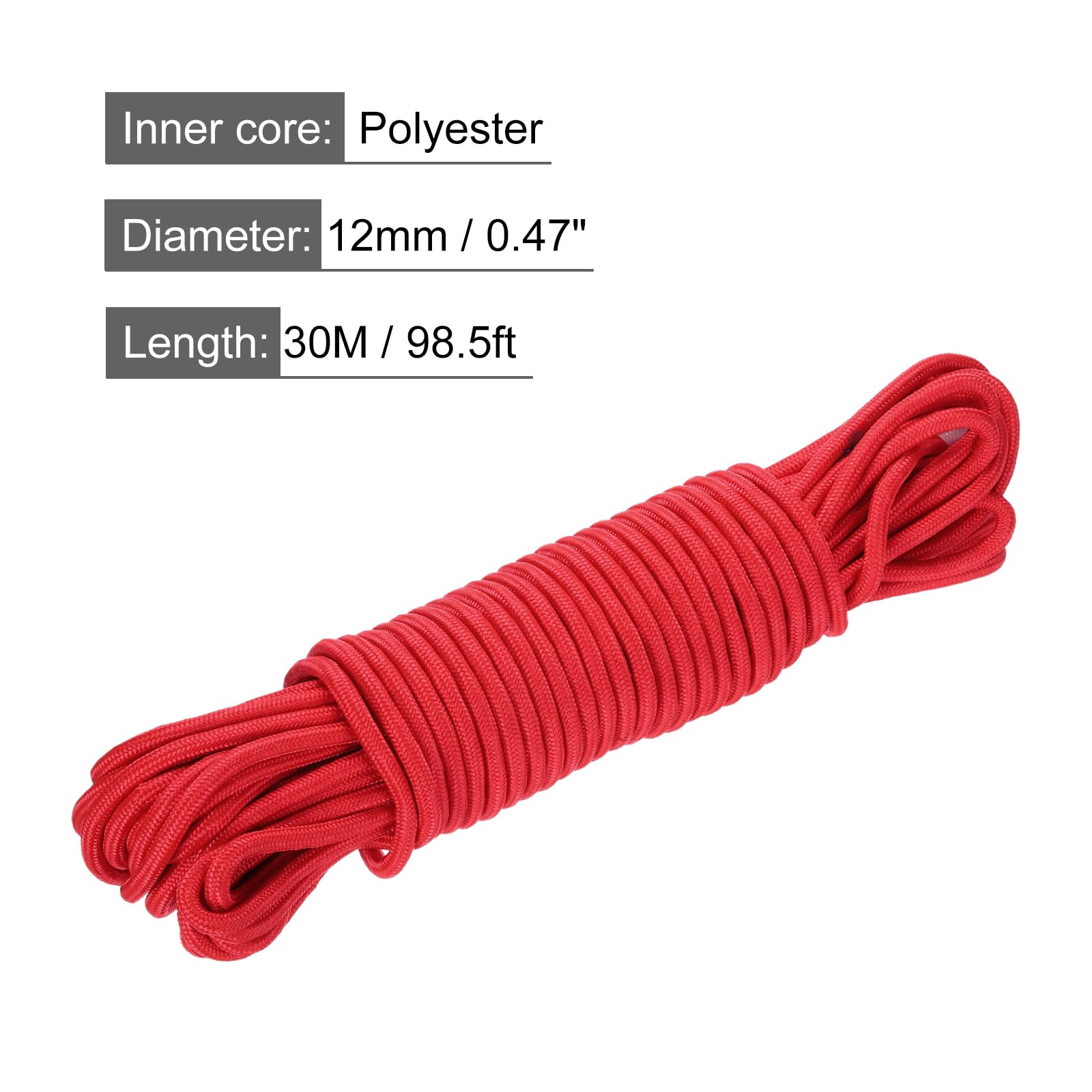 QUARKZMAN Corde tressée en Corde en polypropylène 30M/98ft 1/2" 12mm Rouge pour Utilisation intérieure et extérieure Camping Corde à Linge
