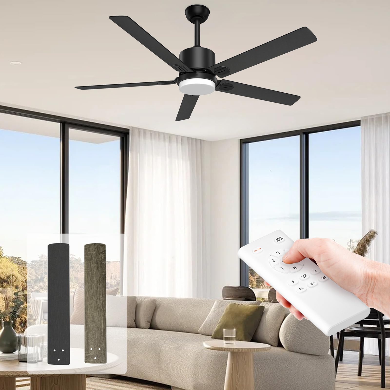 Obabala Ceiling Fans with Lights and Remote, 60" Black Outdoor/Indoor Modern Fan with Light Adjustable Light 6 Speed Reversible DC Motor for Patios, Bedroom, Living Room, Farmhouse