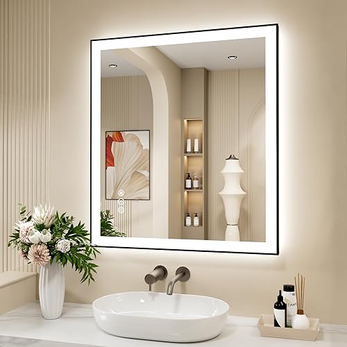 Miniatura 34 de Espejo de baño LED de 20x28 pulgadas con marco negro, espejos de baño retroiluminados y con luz frontal para pared, antiempañamiento, regulable, con