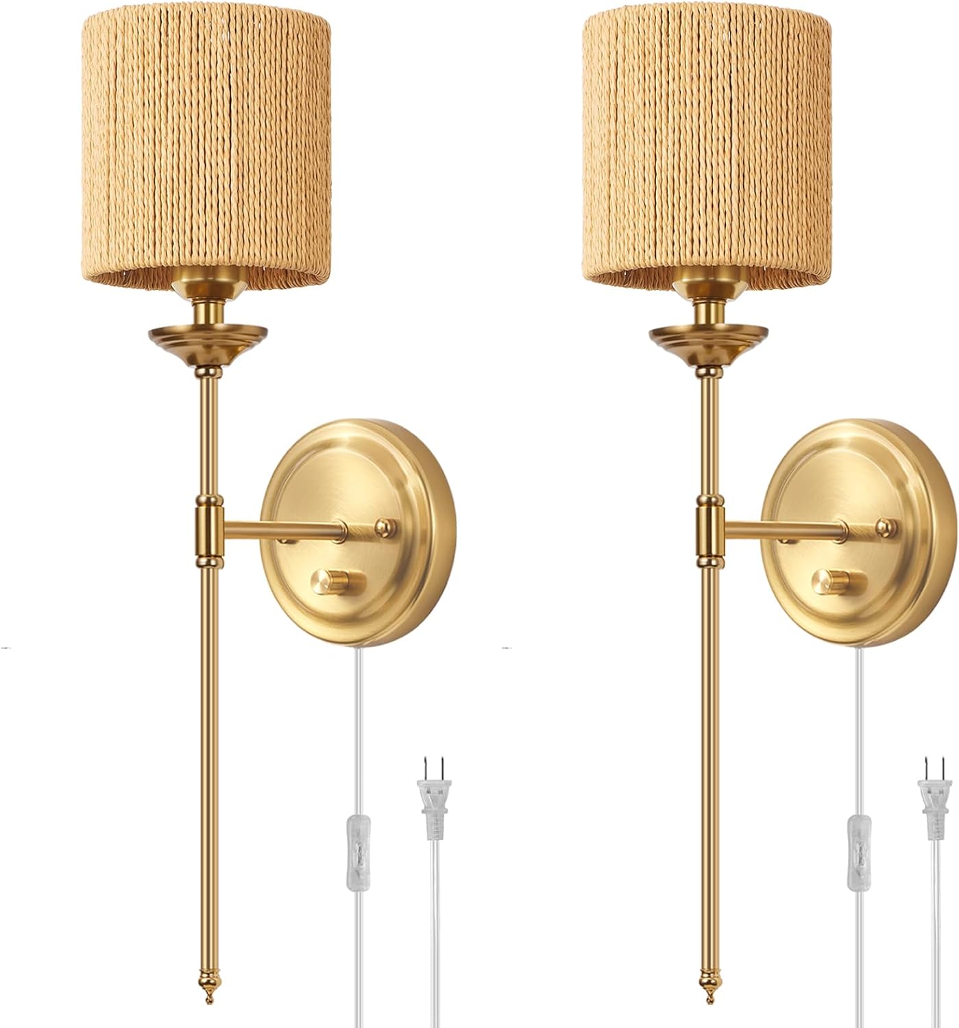 Rattan Plug in Wall Sconces Set of 2, Gold Bedside Dimmable Wall Lamp with Knob Dimmer Switch and 6.5FT Electric Cord, Boho Bathroom Wall Light Fixture for Bedroom Living Room