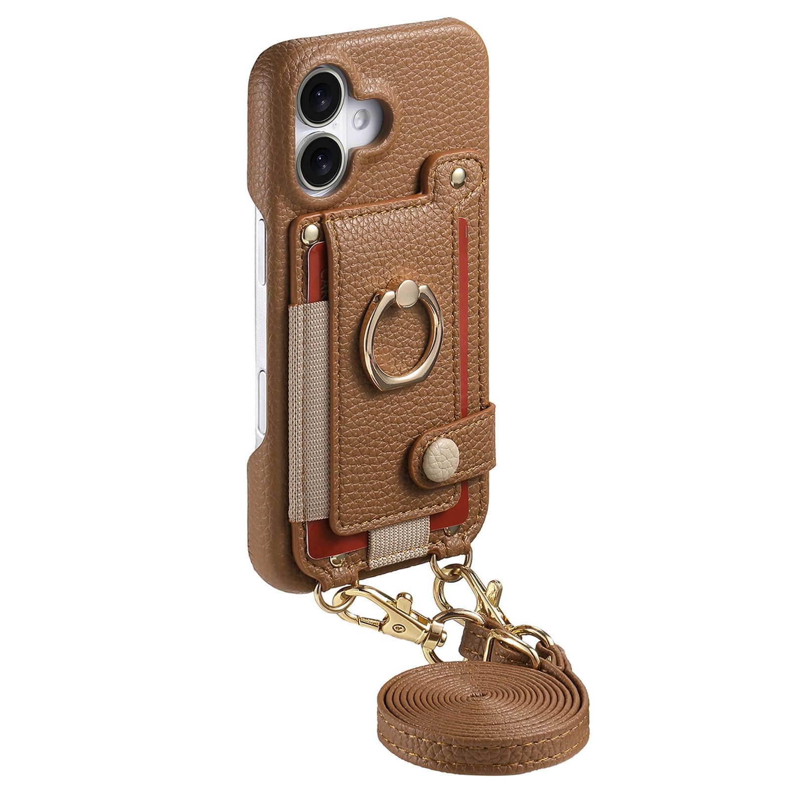 Leder Hülle Für iPhone 16 Pro Max/16 Pro/16 Plus/16, Brieftasche Handyhülle Mit Kartenfach Ring Halter Umhängeband Schutzhülle,Braun,16 Pro Max