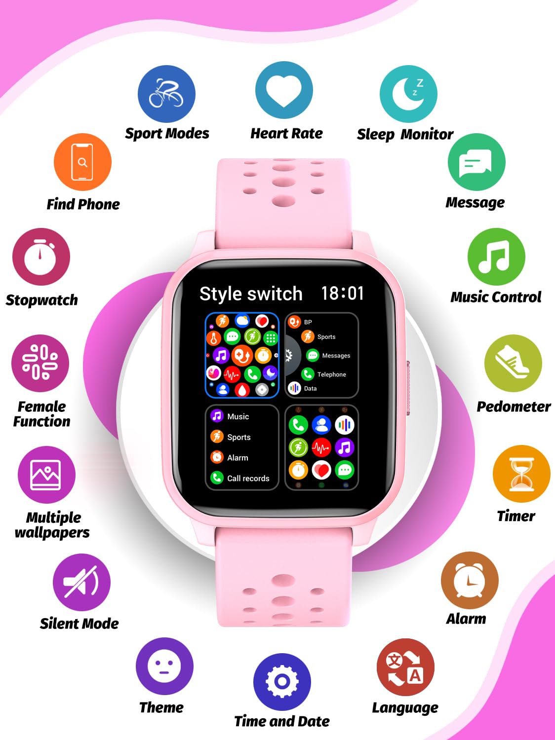Butele Bambini Smart Watch,Smart Watch per Bambini Gioco Smart Watch Regali per 4-16 anni con modalità Sleep 20 Modalità Sportive 5 Giochi Pedometro Regalo di Compleanno per Ragazzi Ragazze (Rosa)