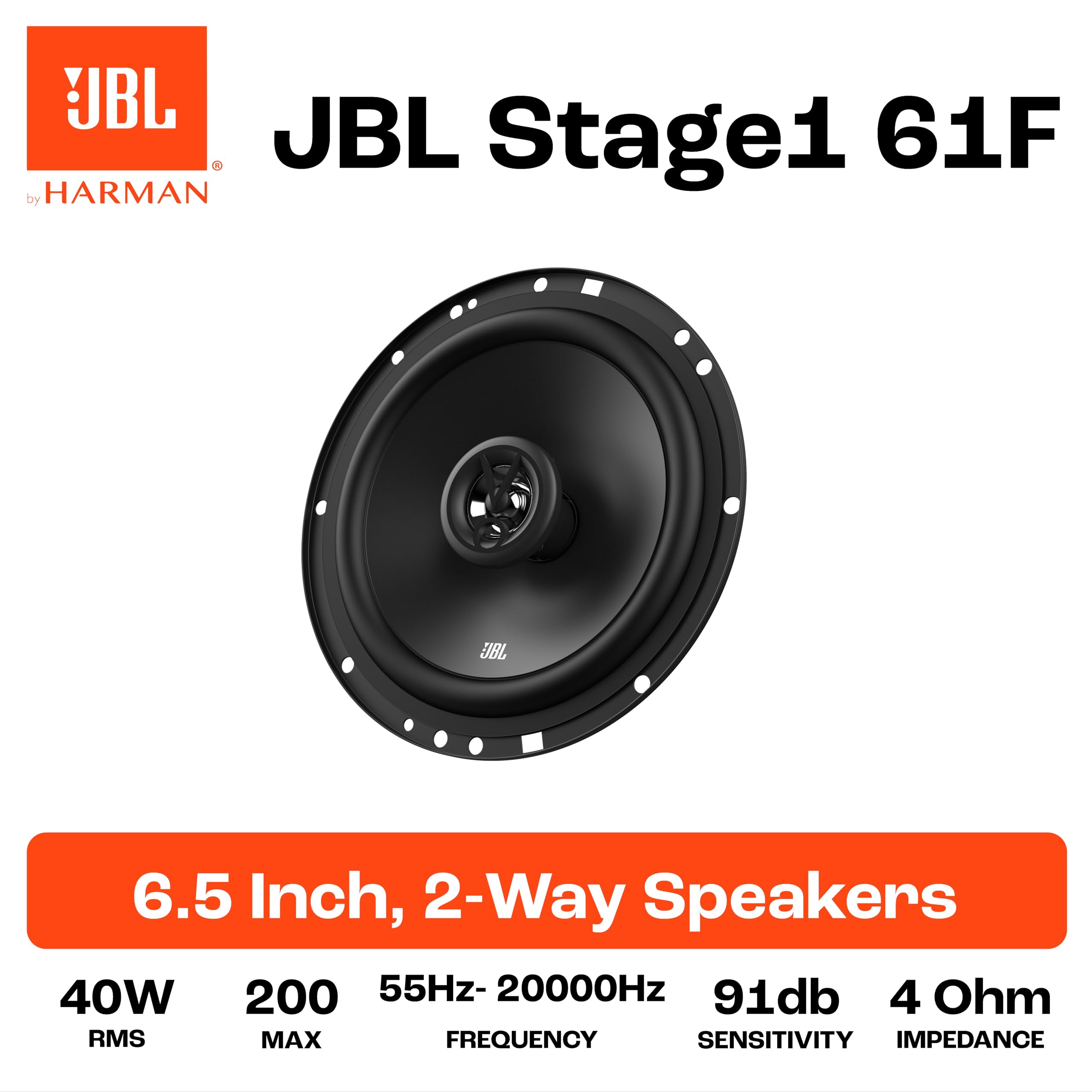 JBL Stage1 61F Juego de Altavoces Coche de 2 vías de Harman Kardon - Echo Auto de 200 Vatios 40 Vatios RMS - Caja Alta fidelidad para automóvil de 2 Piezas Grande 16,5cm | 165mm | 6,5 Pulgadas
