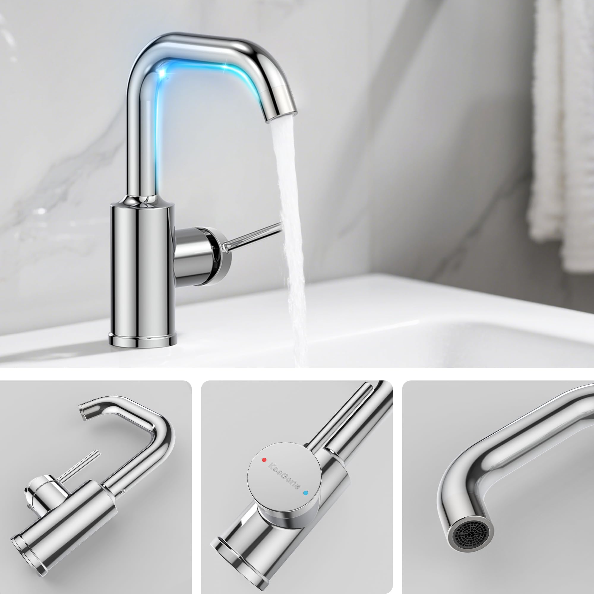 Wasserhahn Bad Hoch, 360° drehbare Waschbeckenarmatur mit Keramikkartusche, Edelstahl Waschtischarmatur Hoch mit Warm/Kaltwasser Mischbatterie Einfache Montage für Badezimmer/Gäste-WC Chrom