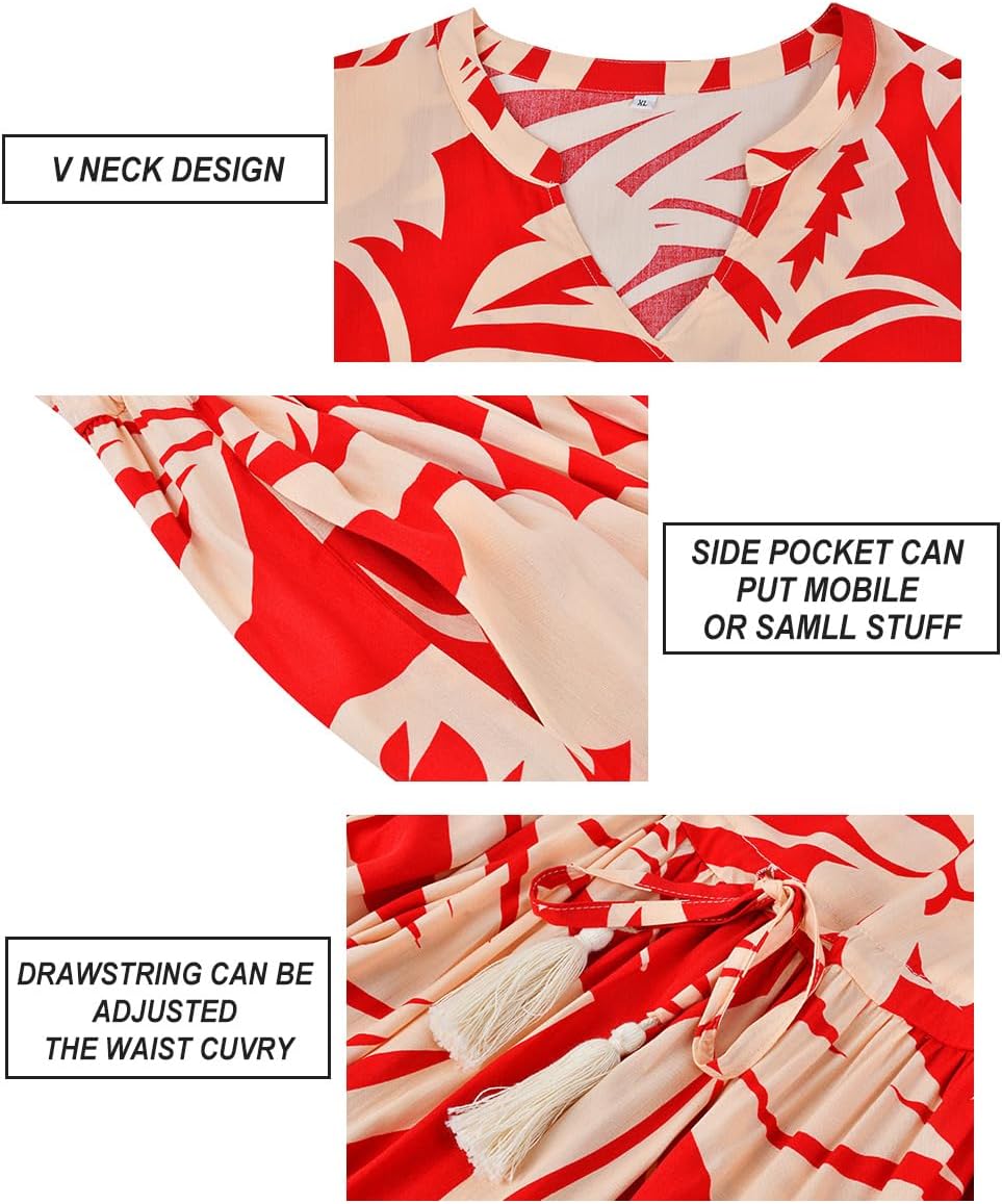 RITERA Plus Size Midi Dress for Women Casual V NeckShort Sleeve Ruffle Flowy Boho Drawstring Tassel Waist XL-5XL - Image 6