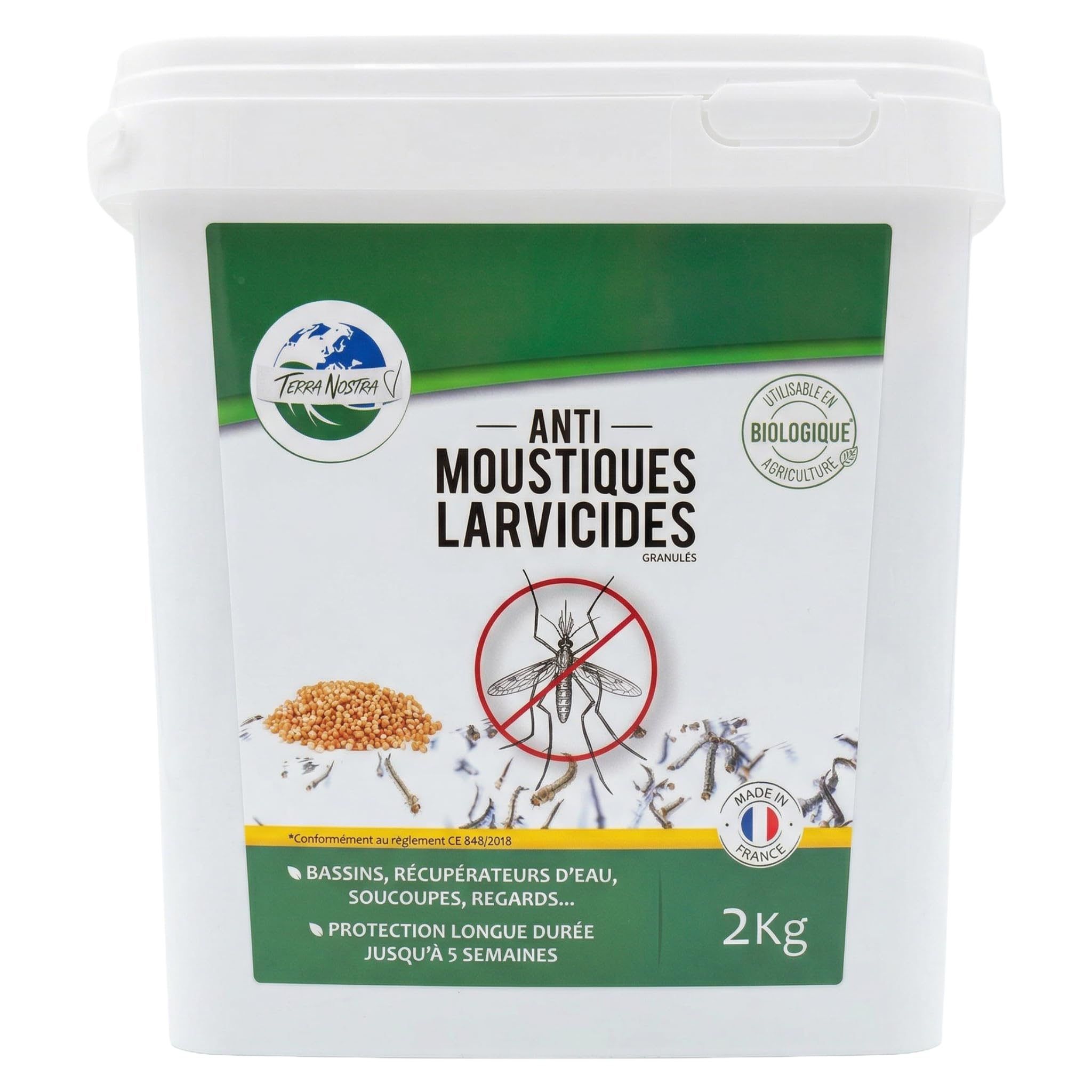 TERRA NOSTRA Anti Moustiques – Larvicide Moustiques – BTI – Traitement Larves Eau Stagnante Jusqu’à 1000m² – Compatible Fosse Septique – Fabriqué en France – Seau 2kg