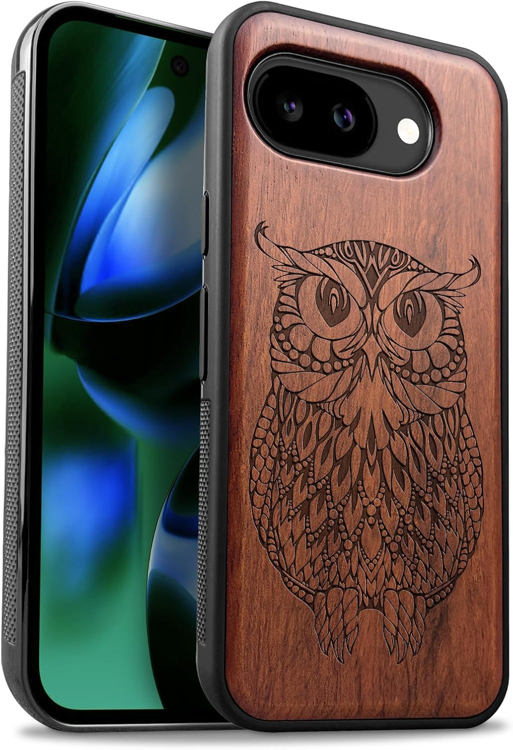 Carveit Magnetic Wooden Case for Google Pixel 10a Case, Wood Artisan Engraved & Soft TPU Shockproof Cover, Compatible with MagSafe Wireless Chargers (Yin Yang Bonsai Tree) Rosy