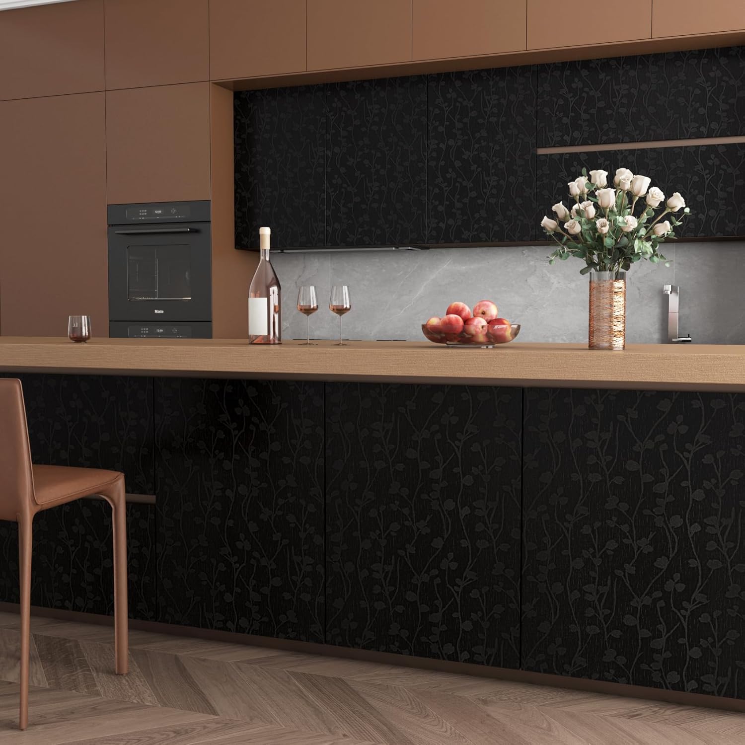 ReWallpaper Black Twig Floral Wallpaper Peel and Stick Vintage Prepasted Bathroom Wall Paper Waterproof Decorative Contact Paper for Cabinets Cabinet Vinyl Wrap 17.7in×6.5ft Dark Moody Gothic Motif