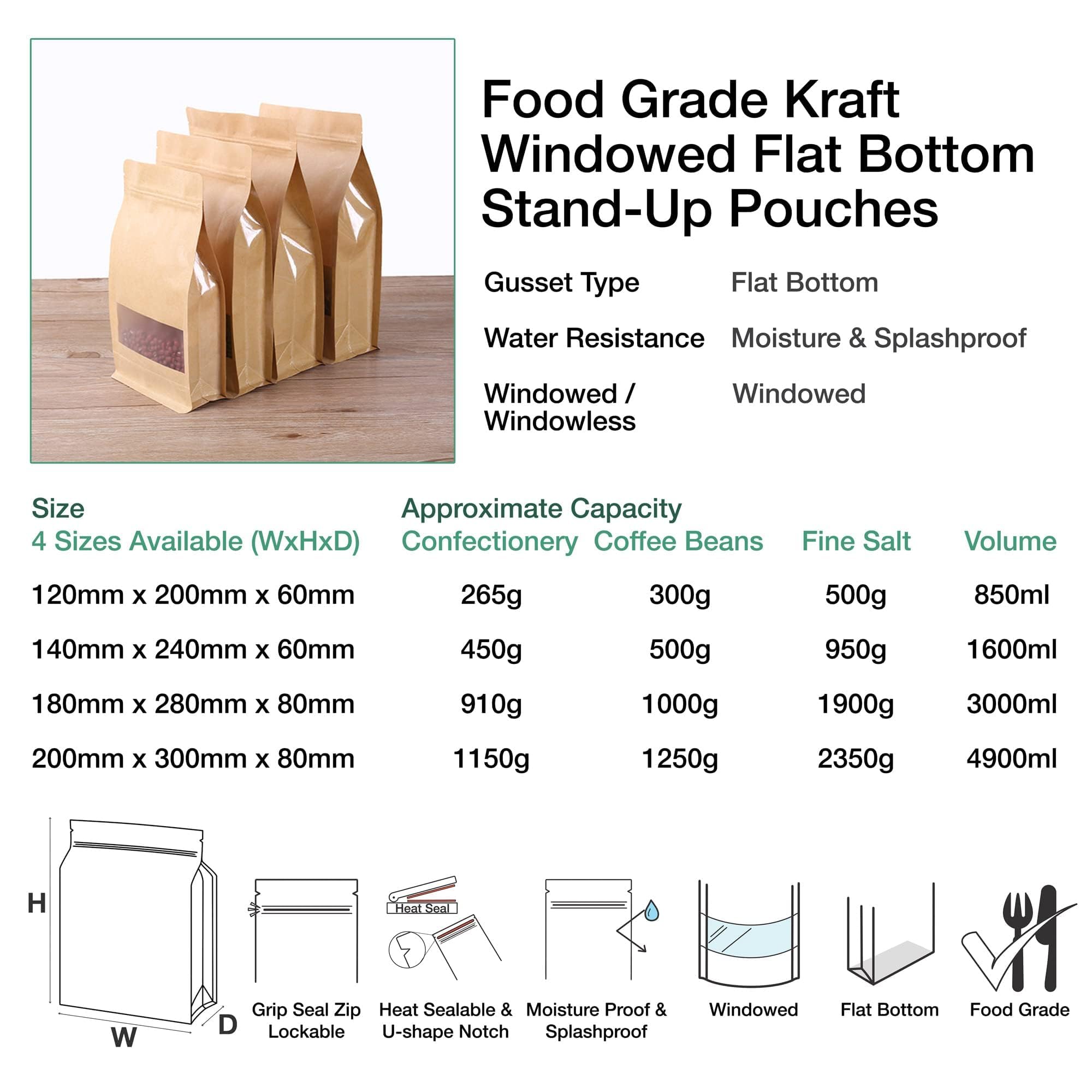 Evergreen Goods - 200 bolsas de papel kraft con fondo plano para ventana (180 x 280 mm), bolsas de papel reutilizables de grado alimenticio para envasado de alimentos, bolsas sellables con calor y