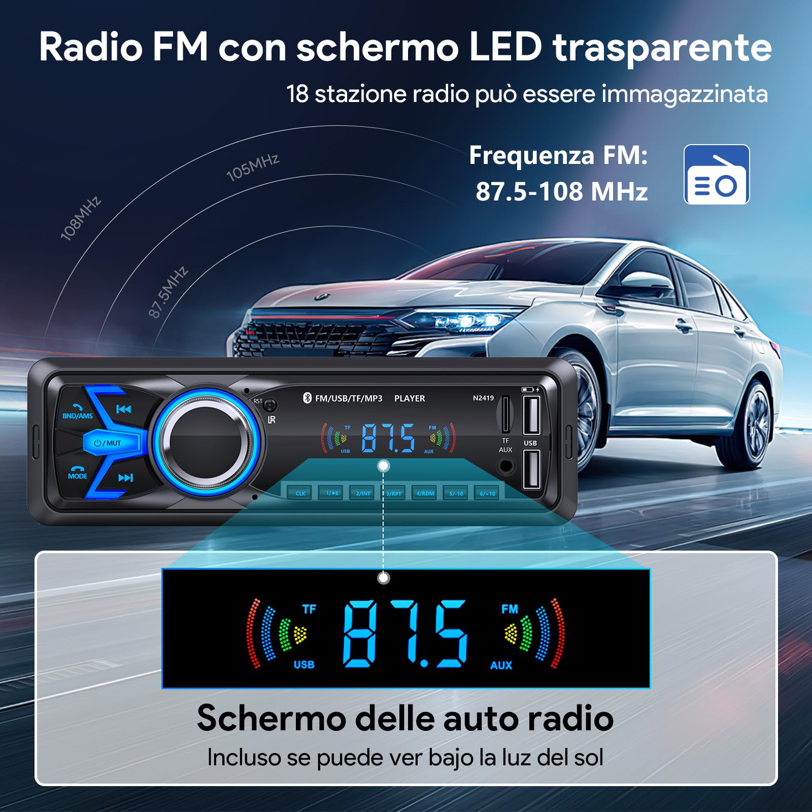 Autoradio Bluetooth,Wistrue Stereo Auto Bluetooth Autoradio 1 DIN FM Radio Auto Lettore MP3 Supporta 2 USB/Ricarica rapida/SD/AUX/Telecomando/supporto iOS/Android