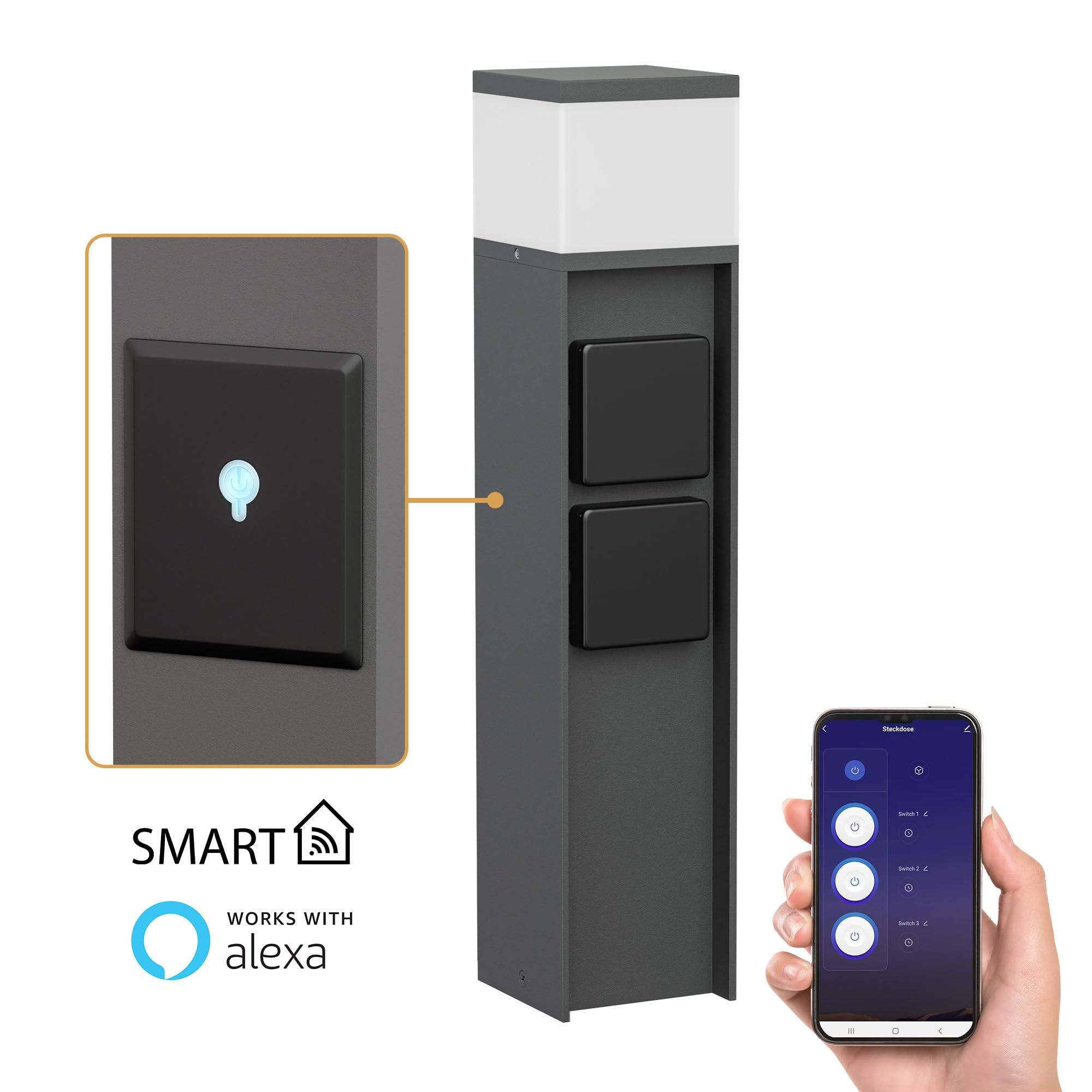 ledscom.de 2 Stück Wegelicht/Pollerleuchte PODEL für außen, IP44, Smart Home, WLAN, Alexa, 39 cm, anthrazit, 1x G9 max. 10W, 2 Steckdosen