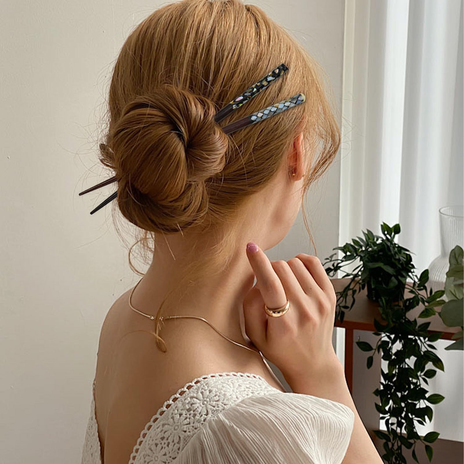 Hair Sticks for Women, Wooden Chopsticks with Mother-of-Pearl Inlay, Traditional Style, for Long Thick Hair(2pack) (Black(multicolor mother-pearl)) — Amazon image 2