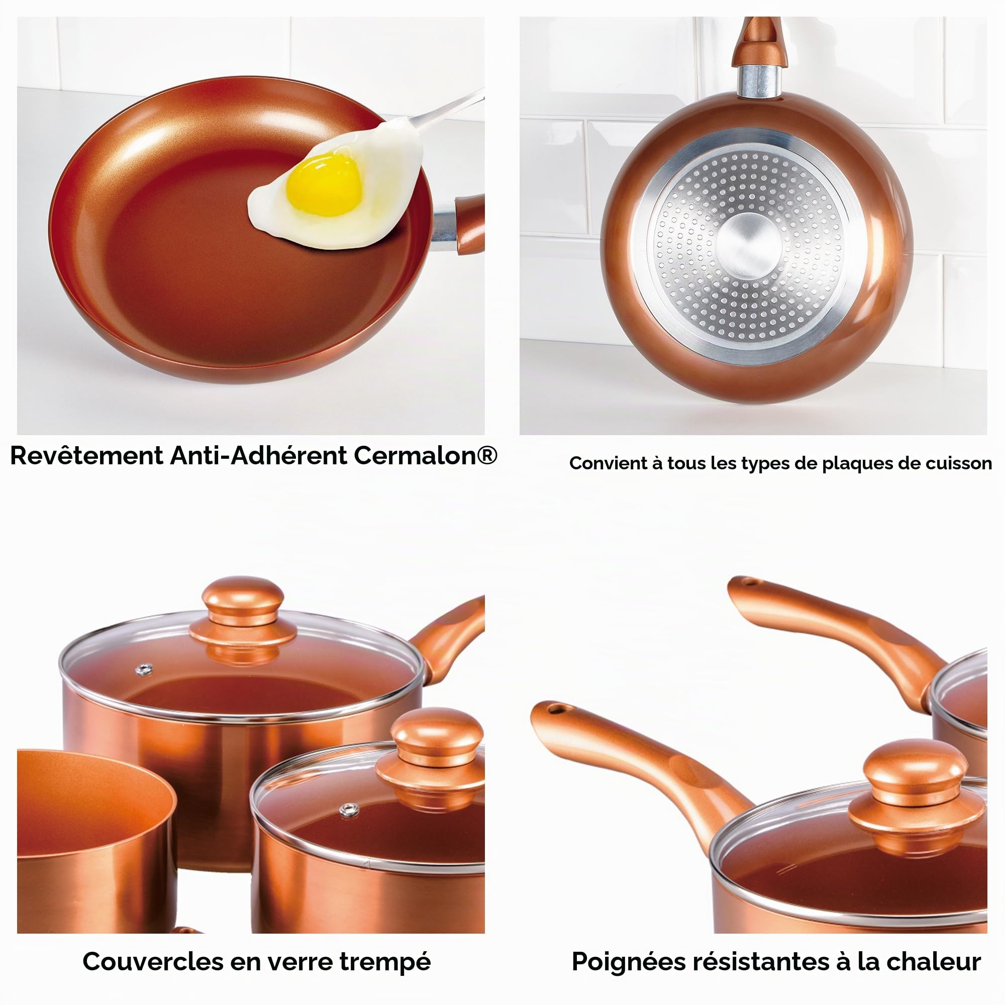 Batterie de Cuisine 5 pièces Copper Collection - Comprend 2 poêles et 3 casseroles - Revêtement Anti-adhésif en céramique avec extérieur en cuivre métallique - Compatible avec Tous Les Types de