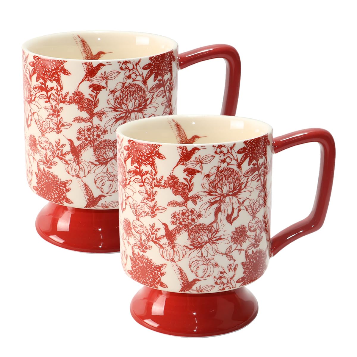 Batum Lot de 2 tasses à café en porcelaine de qualité supérieure - Tasse à boire avec poignée - Tasse en céramique vintage avec base haute - Motif floral - 400 ml (rouge)