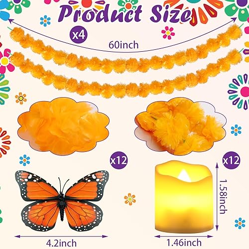 Miniatura 5 de 46 piezas de decoración Día de los Muertos Día de los Muertos incluye 4 guirnaldas de caléndula 12 velas sin llama, 2 piezas de pancarta mexicana,
