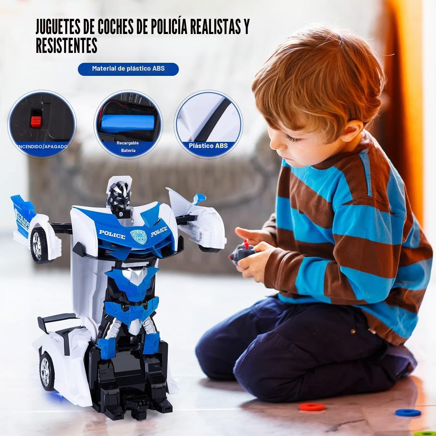 Highttoy Coche Policia Teledirigido Robot Juguetes Niños 3 4 5 6 7 8 Años, Transformador Juguete Coche Radiocontrol Rotación de 360° 2.4GHz 1:18 Robot Niños, Blanco