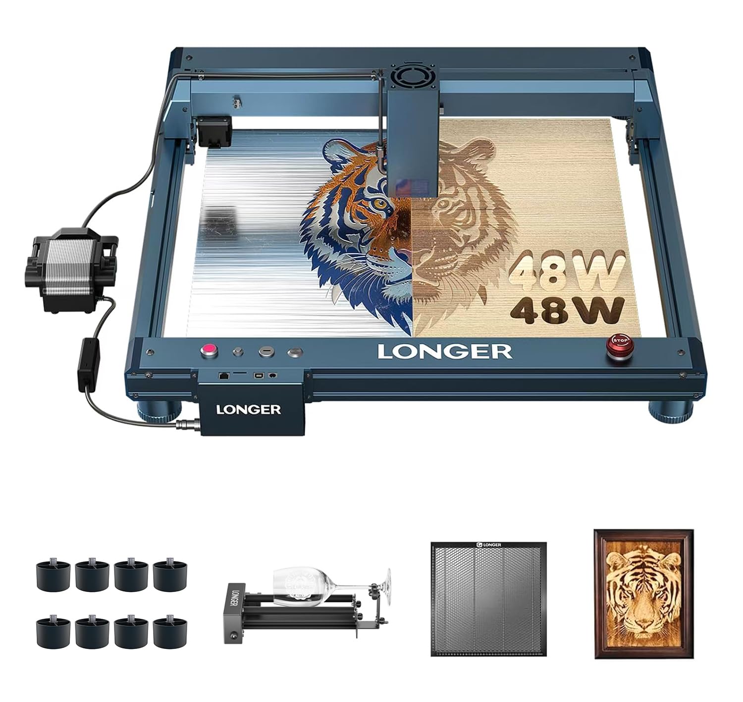 Longer B1 40W Laser Engraver, 48000mW Output Laser Cutter Machine with Auto Air Assist, 440mm*440mm Honeycomb, Y-axis Rotary Roller 360° Rotation with Bracket,8Pcs Laser Engraver Raiser