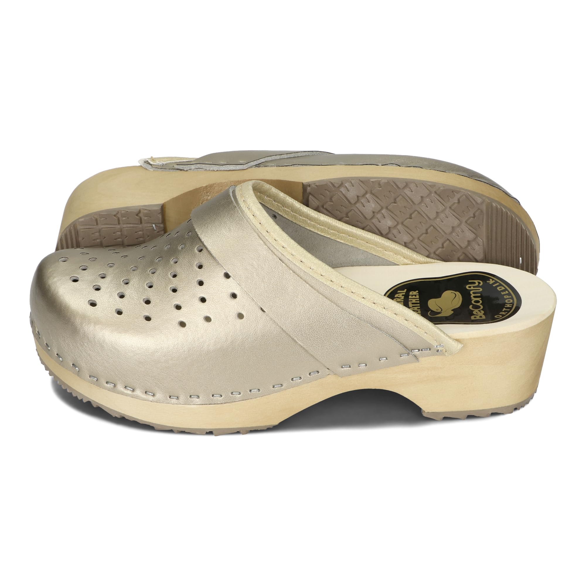 BeComfy Damen Holzclogs Naturleder Metallic | Naturleder innen und außen, Holzsohle mit Gummischicht, Blockabsatz 5 cm, Metallic-Optik, Weite Passform, EU