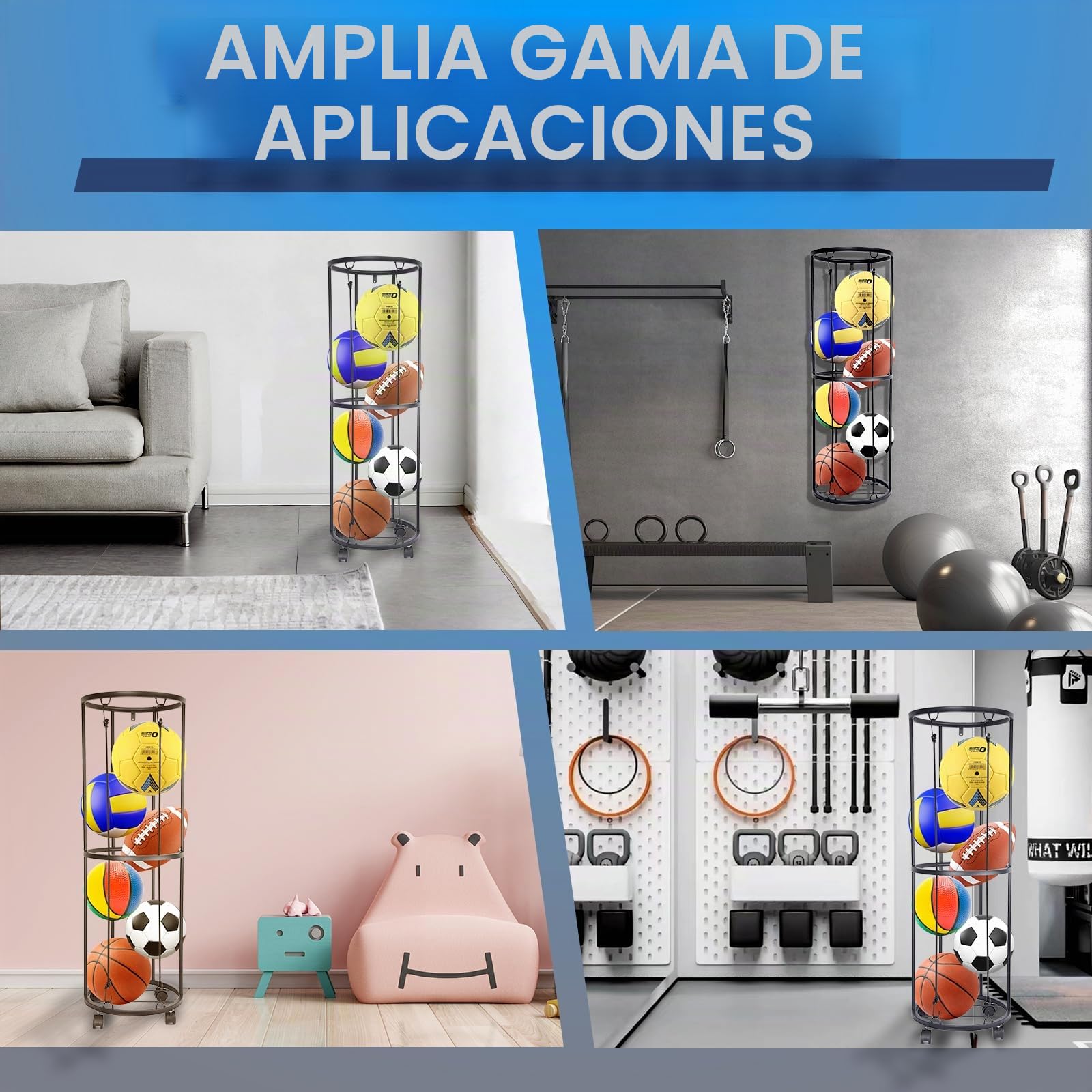 Rack Vertical de balones de 2 Niveles con Ruedas, Estante de Almacenamiento de balones Deportivos, Organizador de Almacenamiento de balones Deportivos para Garaje Que Ahorra Espacio