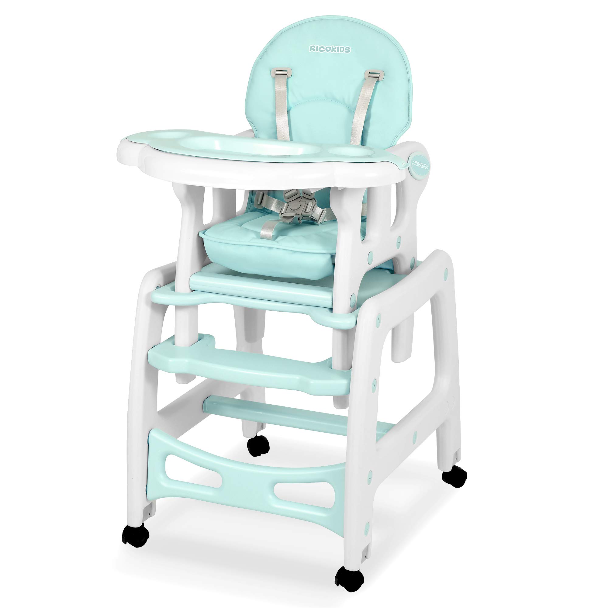 Ricokids Sinco - Trona infantil para bebé que crece, trona multifunción 5 en 1, mesa + silla de bebé regulable, función de balancín, inclinación regulable en 3 posiciones del respaldo, color turquesa