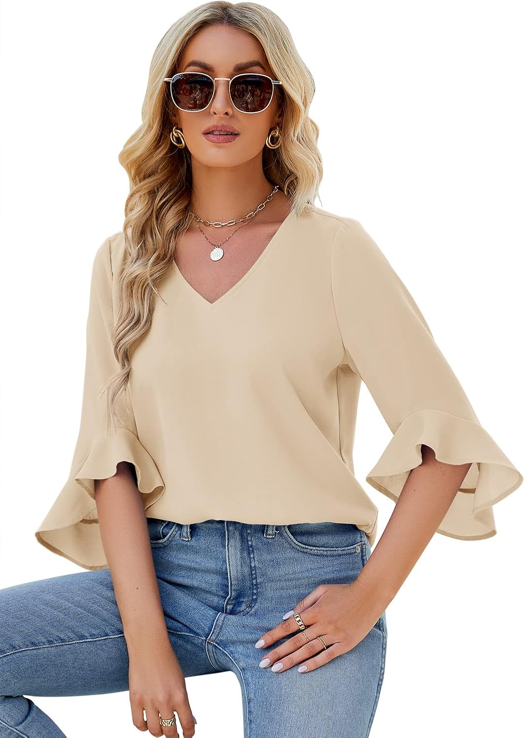 Qirno Chiffon Blouses for Women Ruffle 3/4 Sleeve Dressy V Neck Casual Flowy Tunic Tops - Image 4