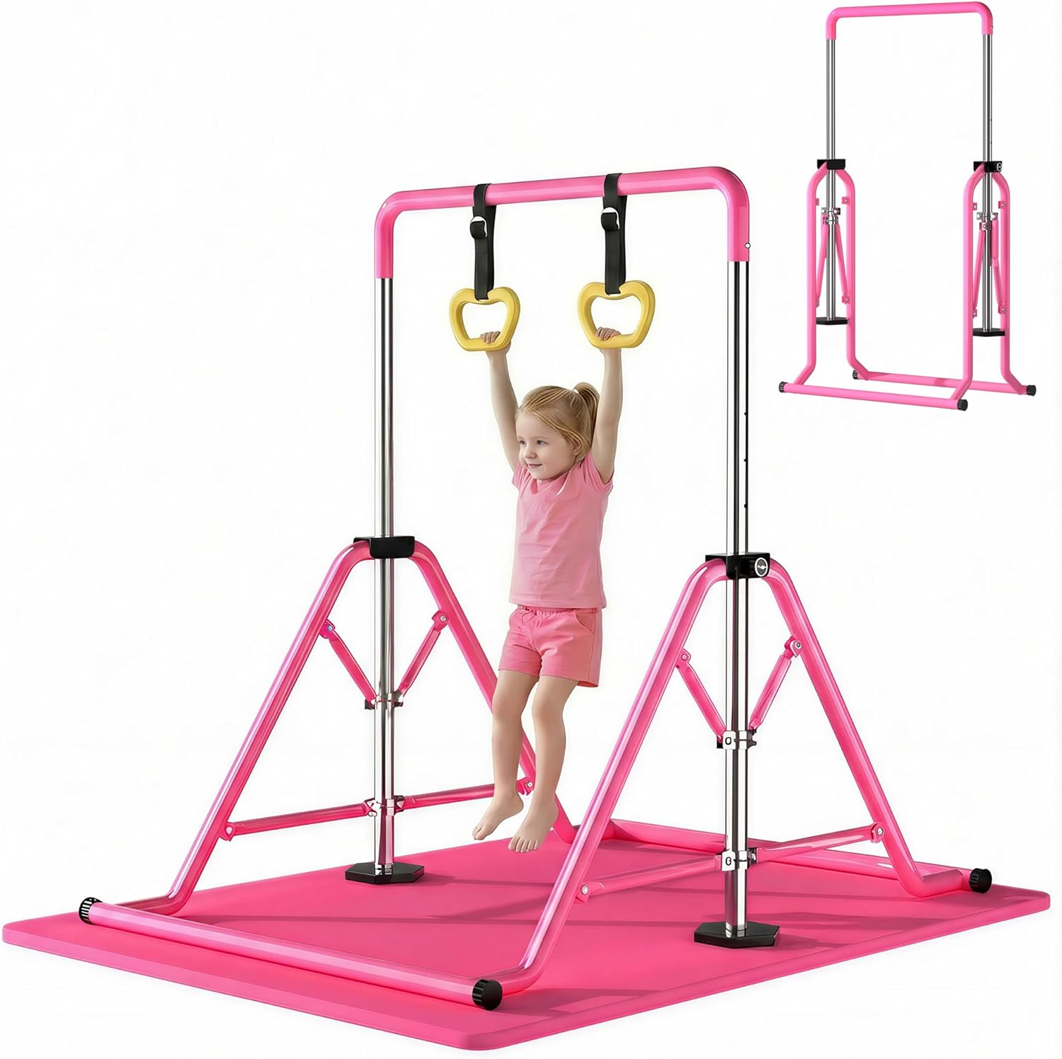 Expandable Kids Gymnastics Kip Bar - Folding Adjustable Height 44''-60'', 300LBS Weight Limit, Heavy-Duty Steel Frame, Home Indoor Training Bar for Kids Ages 3-13, Gift for Young Gymnasts (Pink)