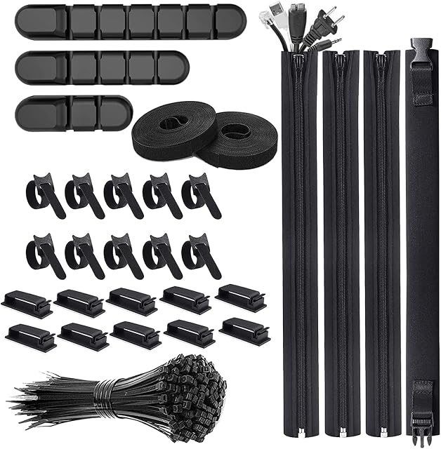 Cable Management Kit Cable Tidy 129Pcs, Moseem 4 Cable Sleeve with Zipper,3 Silicone Cable Holder, 10 Cable Ties,10 Large Cord Clips,2 Roll Self Adhesive Straps,100 Wire Organizer Ties for Home Office