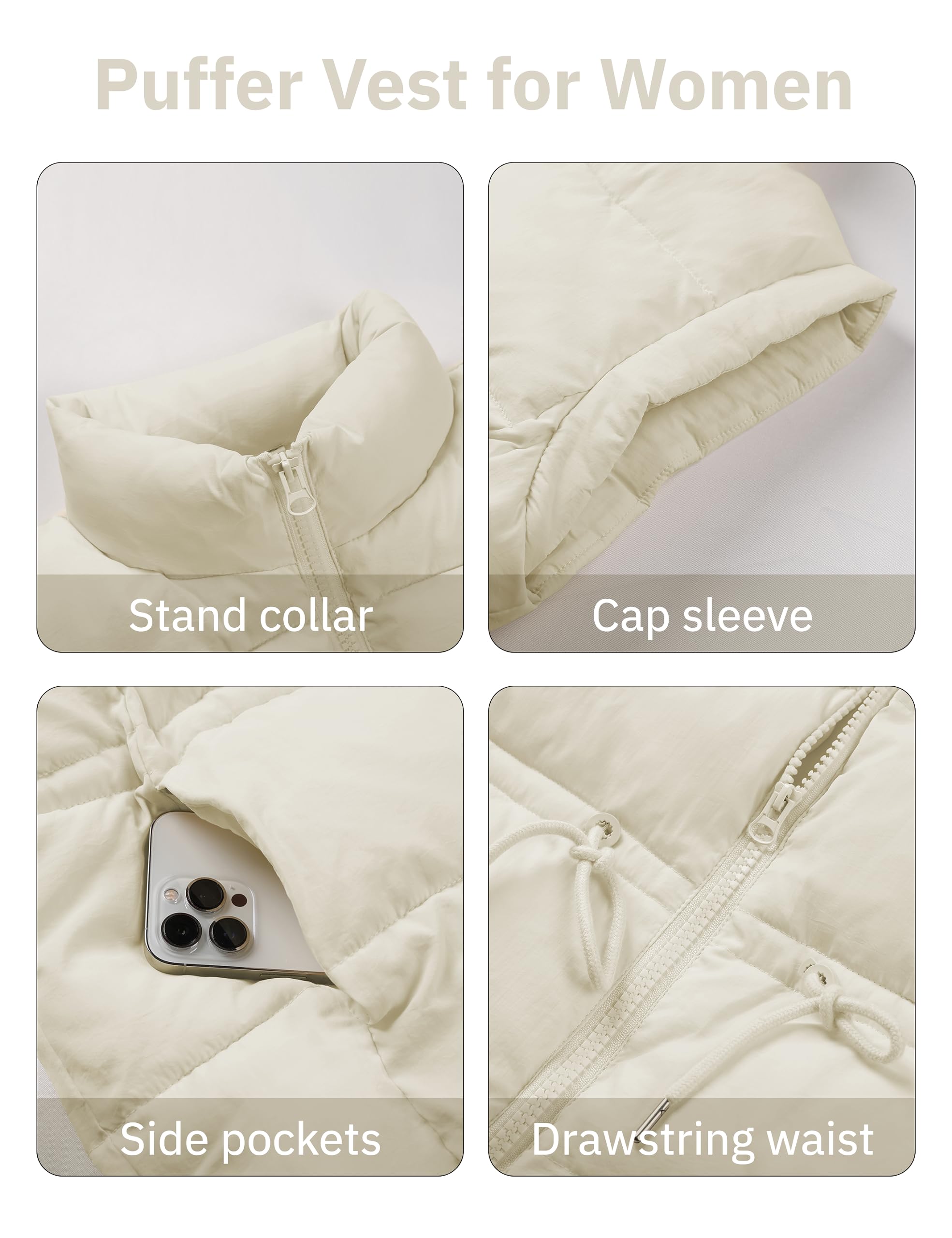 Ameliever Womens Puffer Vest Stand Collar Quilted Zip Up Padded Gilet Puffy Sleeveless Jacket Bubble Vest(Beige-M)