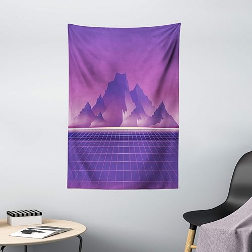 Miniatura 2 de Ambesonne Synthwave Tapestry, Retro Sci-fi Design of Mountains and Retro Wave Computer Lover Squares, Wall Hanging for Bedroom Living Room Dorm