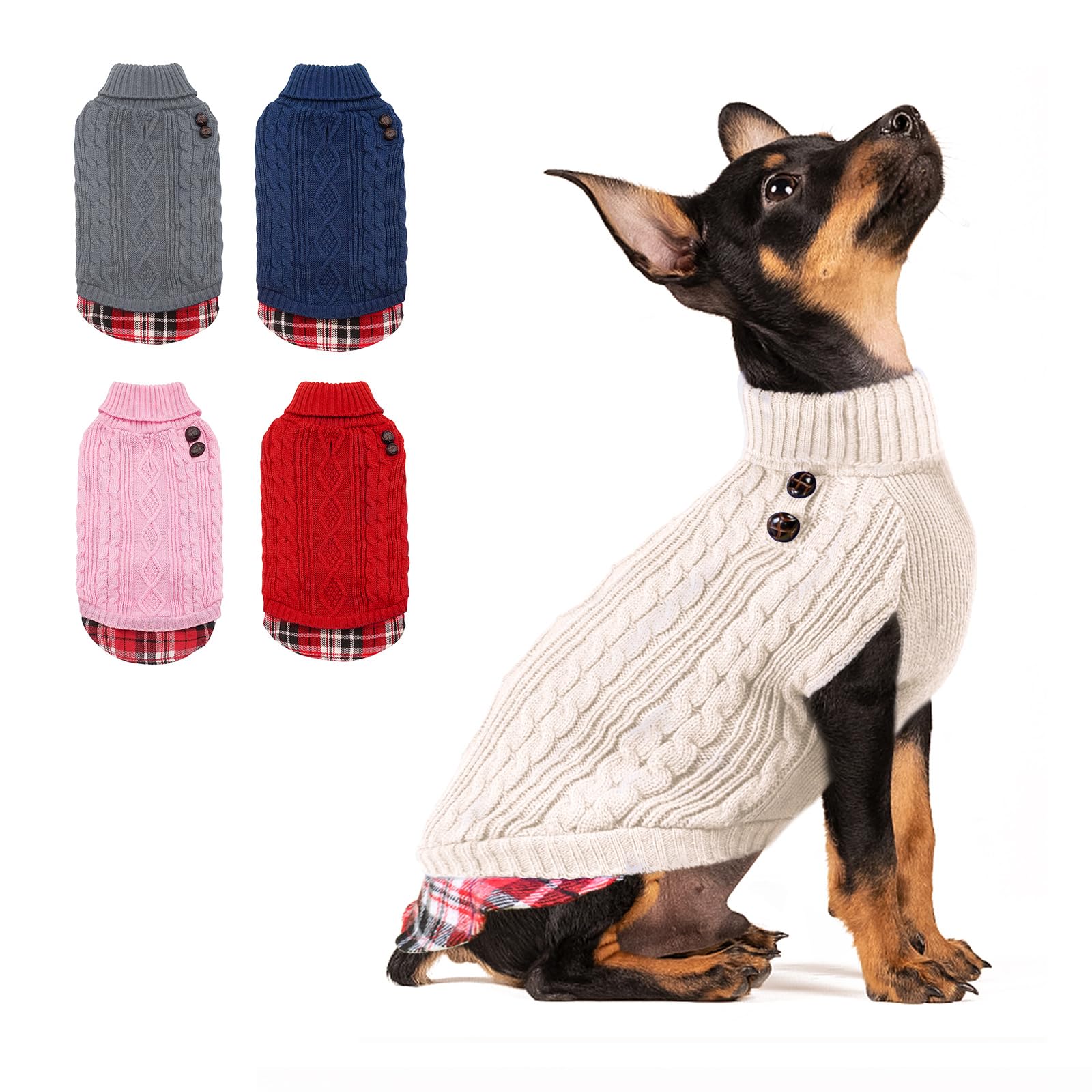 KYEESE Dog Sweaters for Small Dogs with Leash Hole Beige Turtleneck Knitwear Gingham Patchwork Pet Sweater