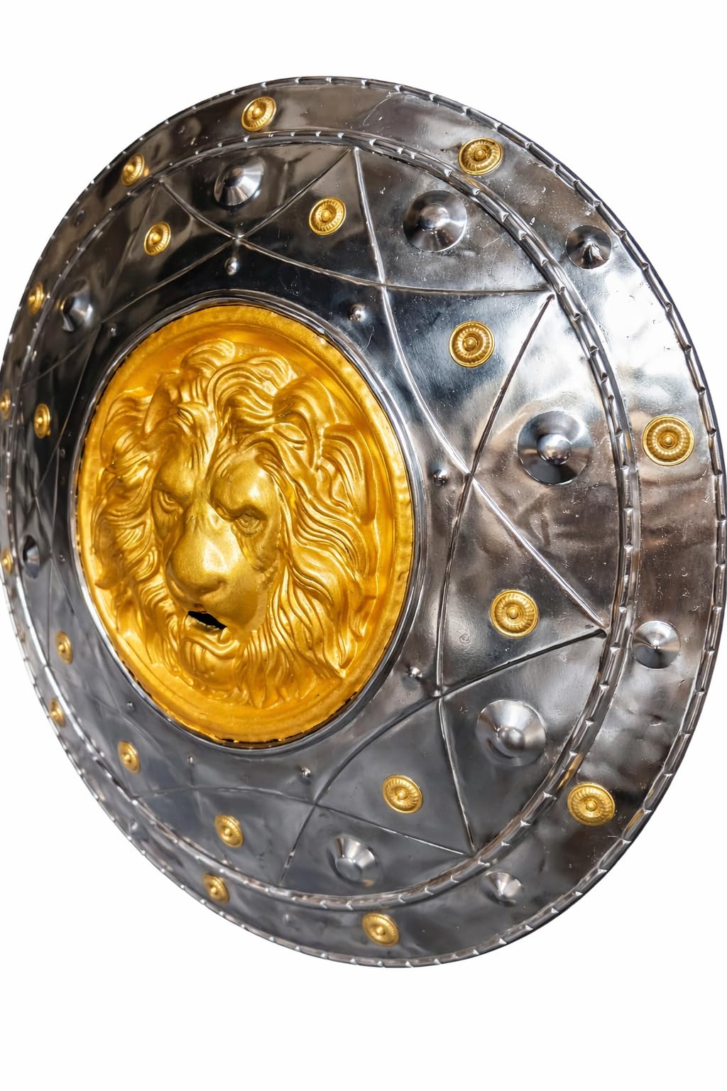 Medieval Warrior Shield, Silver and Gold, Lion Head Design, Round Battle Shield with Star Pattern, Decorative Costume Accessory 3