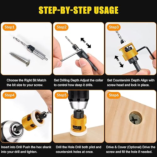 Miniatura 8 de Juego de 5 brocas avellanadoras para taladro, tope de profundidad de fricción baja, taladro de 18 964 pulgadas 532 pulgadas + orificio contador de