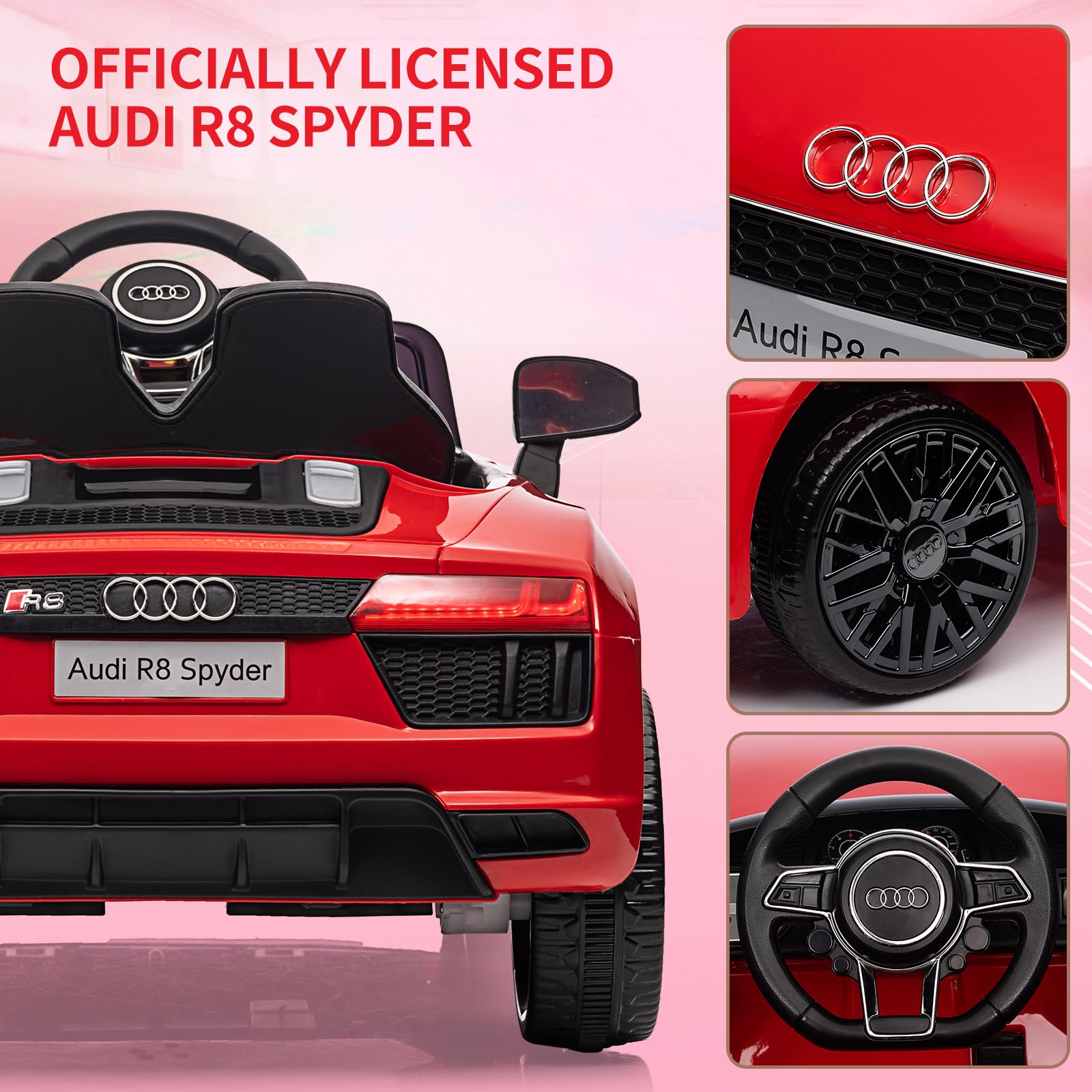 Audi Kinder-Sportwagen Kinder Elektroauto 12V – Offiziell Lizenziertes Kinderfahrzeug mit Fernbedienung, LED-Scheinwerfern, Hupe, Musik, Sicherheitsgurt, Sanftanlauf, Federung, Akku – Für