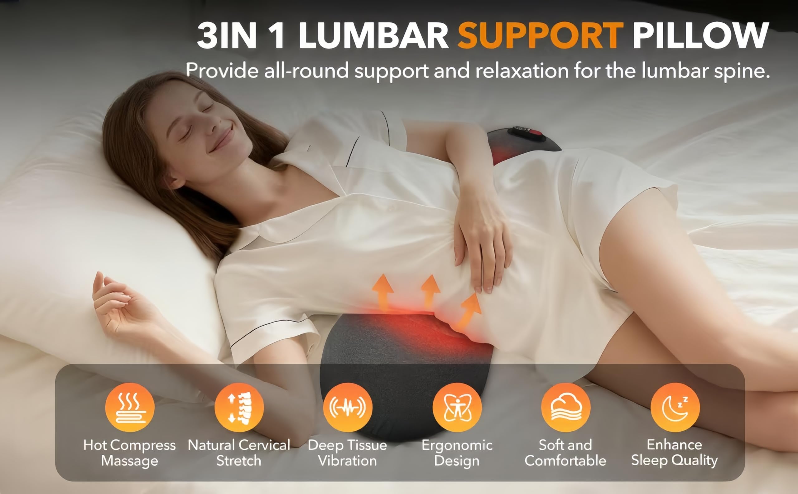 Medevia DeepComfort 3-in-1 Massage Pad elektrisch – Ergonomische Rückenstütze mit optimaler Lendenwirbelstütz, Wärmemassage, Traction und Vibration für entspannende Rückenmassagen