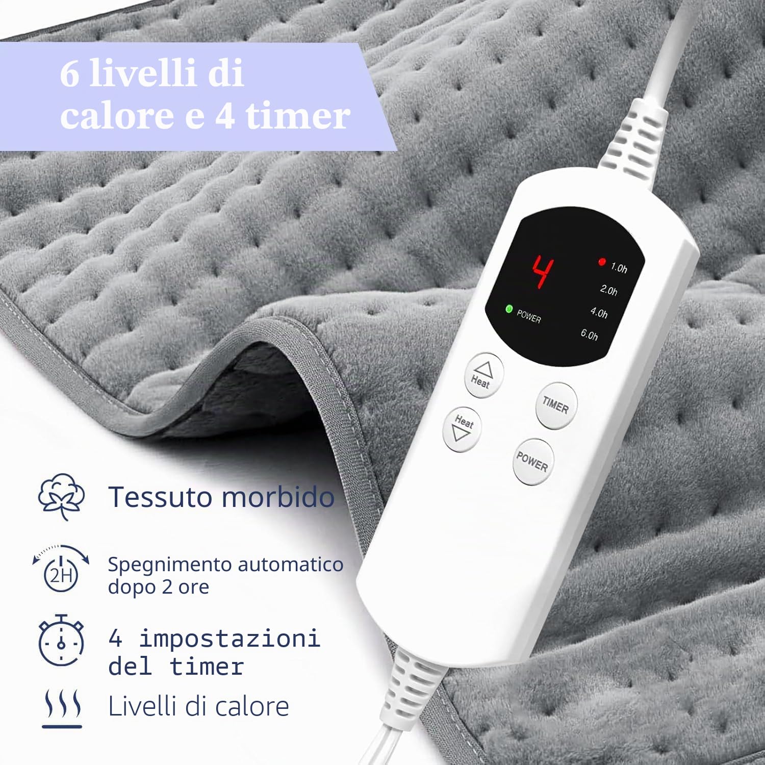 Termoforo Elettrico Lombare 120x30cm - Fascia Riscaldante Schiena con 6 Temperature e Timer, Cuscino Termico Elettrico per Addome Spalle, Lavabile-Grigio