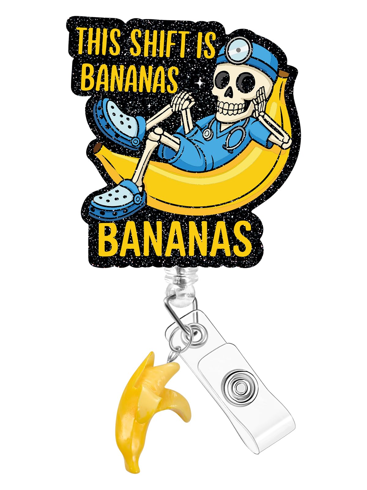 Plifal Nurse Badge Reel Holder Clip - Funny Skeleton This Shift is Bananas Retractable ID Name Card Badge Reel with Charm Alligator Clip, Nurse Nursing Office Medical Worker Student Accessories Gifts — image 1