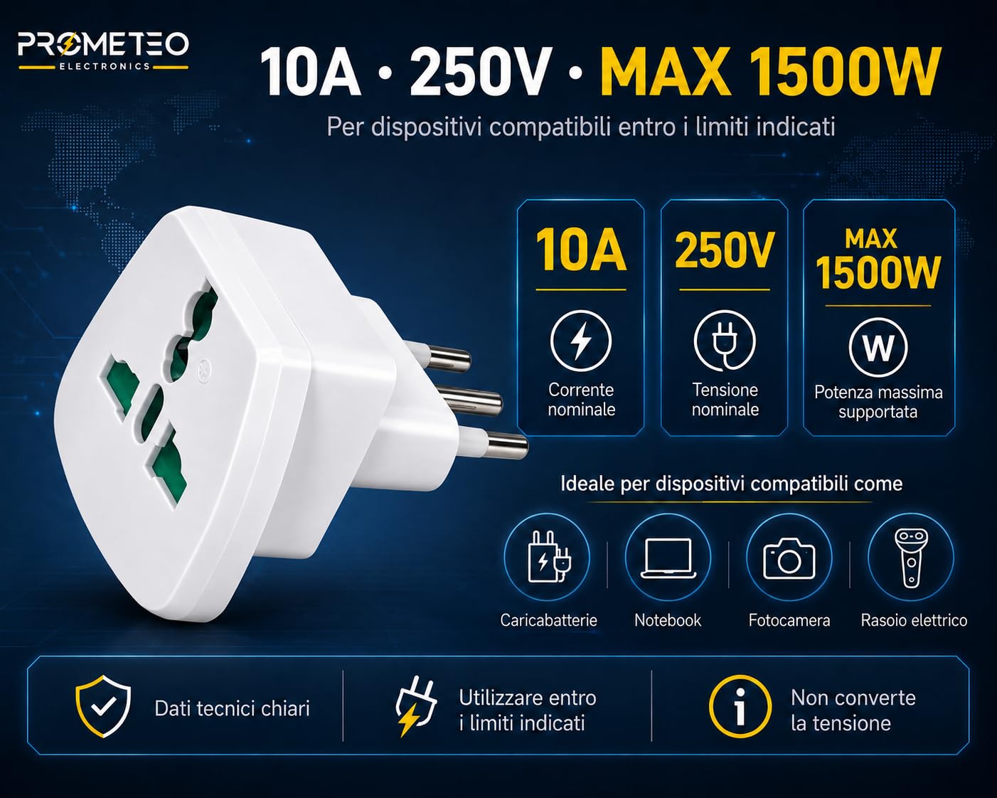 Set 6 Adattatore Universale da Viaggio Presa Mondo Spina Italiana 10A 1500W | Presa multistandard USA UK EU AUS Cina Giappone, per hotel B&B ospiti stranieri, compatto, non converte tensione