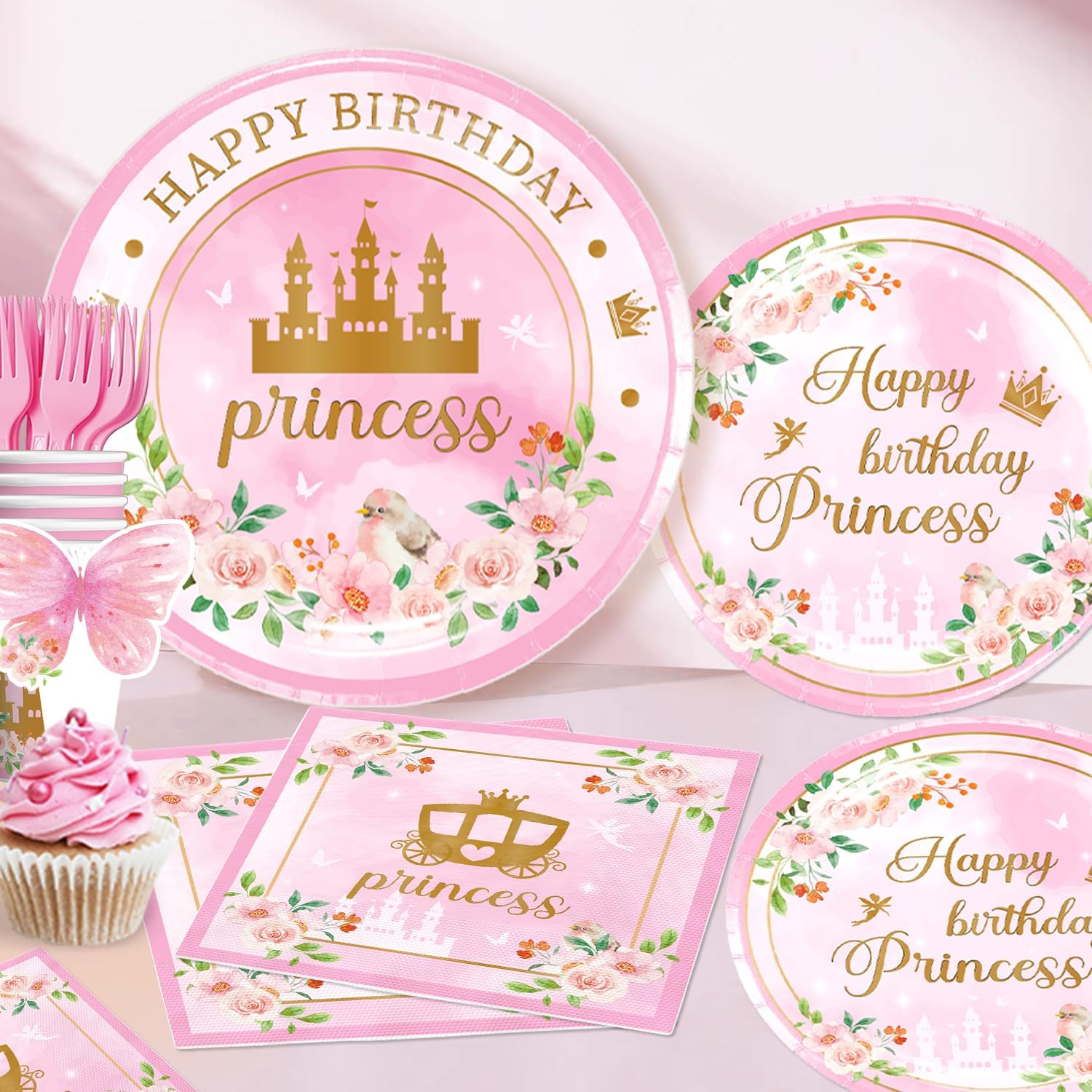 221Pcs Princess Birthday Party Decorations Serves 25 Guests, Princess Party Decorations Includes Backdrop, Banner, Plates, Tablecloth, Cake Topper, Cupcake Toppers, Honeycomb Centerpieces